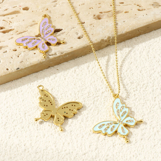 Изображение 1 Piece Brass Insect Charms 18K Gold Plated Enamel Butterfly Animal Micro Pave Clear Cubic Zirconia 26mm x 22mm