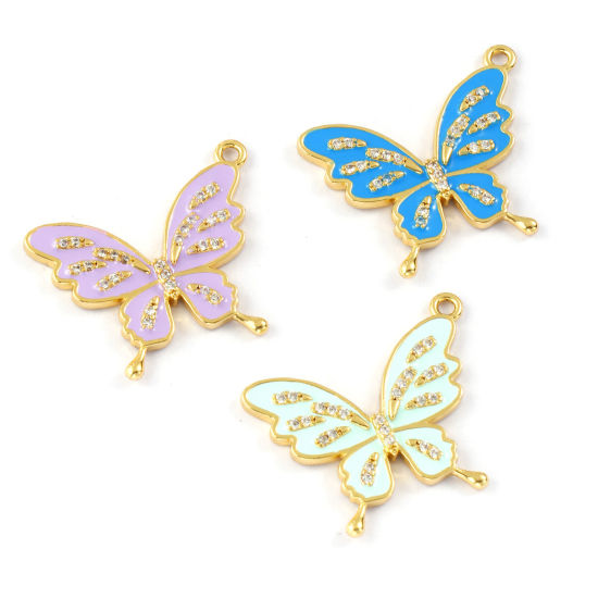 Изображение 1 Piece Brass Insect Charms 18K Gold Plated Enamel Butterfly Animal Micro Pave Clear Cubic Zirconia 26mm x 22mm
