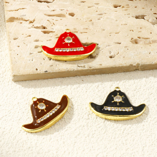 Изображение 1 Piece Brass Clothes Pendants 18K Gold Plated Enamel Bullfighter Hat Micro Pave Clear Cubic Zirconia 3.3cm x 2cm