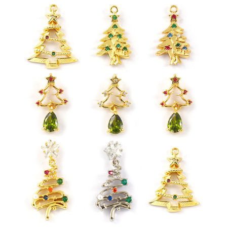 2 PCs Brass & Cubic Zirconia Charms 18K Gold Plated Christmas Tree Micro Pave