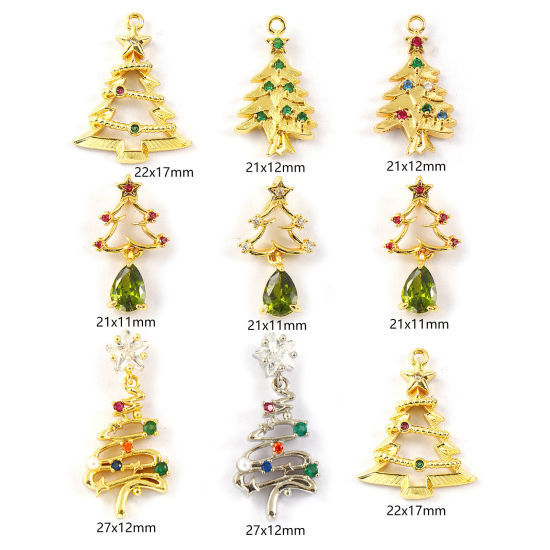 Изображение 2 PCs Brass & Cubic Zirconia Charms 18K Gold Plated Christmas Tree Micro Pave