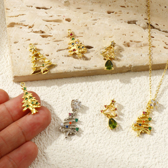 Изображение 2 PCs Brass & Cubic Zirconia Charms 18K Gold Plated Christmas Tree Micro Pave