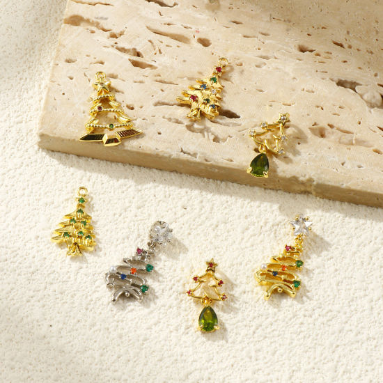 Изображение 2 PCs Brass & Cubic Zirconia Charms 18K Gold Plated Christmas Tree Micro Pave