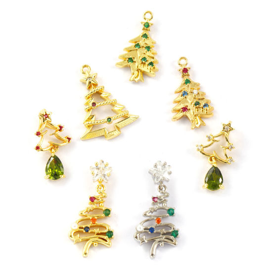 Изображение 2 PCs Brass & Cubic Zirconia Charms 18K Gold Plated Christmas Tree Micro Pave