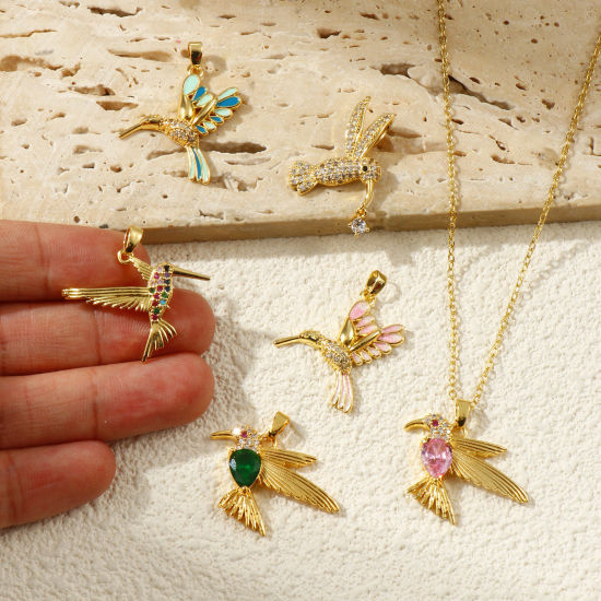 2 PCs Eco-friendly Brass & Cubic Zirconia Charms 18K Real Gold Plated Hummingbird Micro Pave の画像
