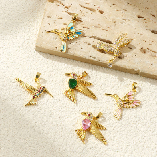 2 PCs Eco-friendly Brass & Cubic Zirconia Charms 18K Real Gold Plated Hummingbird Micro Pave の画像