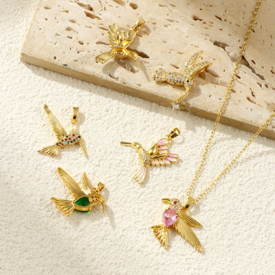 2 PCs Eco-friendly Brass & Cubic Zirconia Charms 18K Real Gold Plated Hummingbird Micro Pave の画像