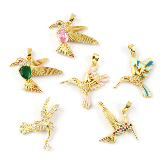 2 PCs Eco-friendly Brass & Cubic Zirconia Charms 18K Real Gold Plated Hummingbird Micro Pave の画像