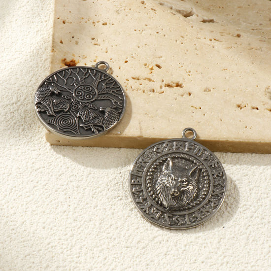 Immagine di 1 Pz Ecologico 304 Acciaio Inossidabile Stile Bohemien Ciondoli Pendenti Argento Antico Tondo Disco Doppia Faccia