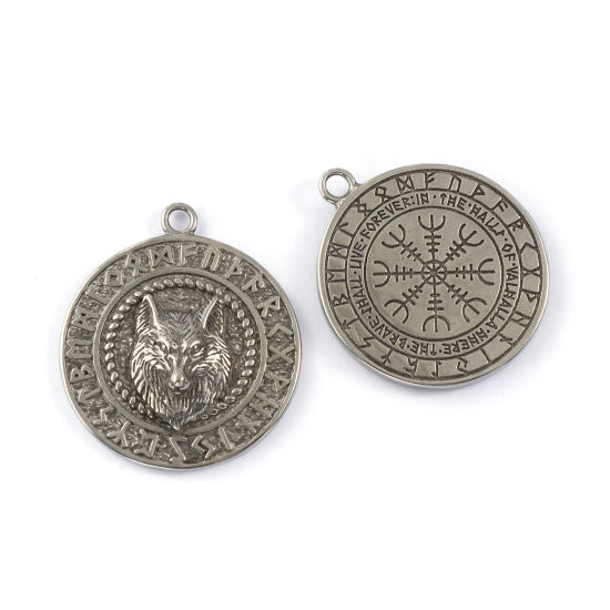 Immagine di 1 Pz Ecologico 304 Acciaio Inossidabile Stile Bohemien Ciondoli Pendenti Argento Antico Tondo Disco Doppia Faccia