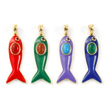 Eco-friendly Brass & Gemstone Ocean Jewelry Pendants 18K Real Gold Plated Enamel Fish Animal Fuchsia Cubic Zirconia 4.5cm x 1.6cm