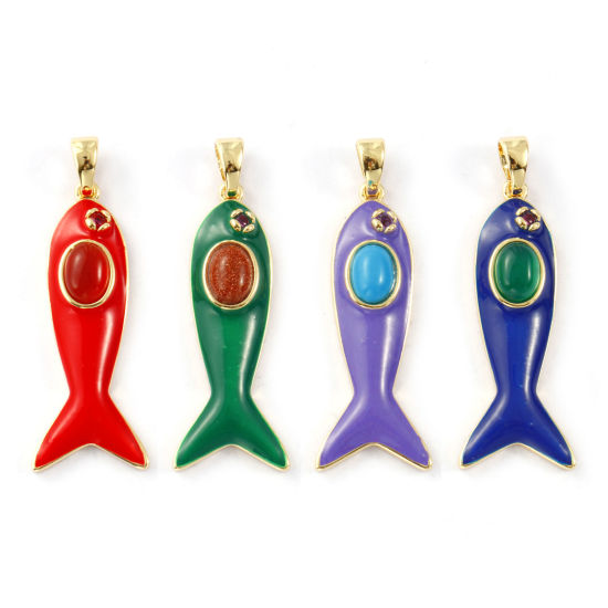 Изображение 1 Piece Eco-friendly Brass & Gemstone Ocean Jewelry Pendants 18K Real Gold Plated Enamel Fish Animal Fuchsia Cubic Zirconia 4.5cm x 1.6cm
