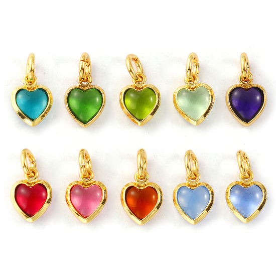 Изображение 2 PCs Eco-friendly Brass & Glass Valentine's Day Charms 18K Real Gold Plated Heart Mini 12mm x 7mm
