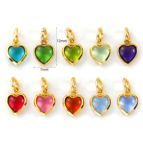 Изображение 2 PCs Eco-friendly Brass & Glass Valentine's Day Charms 18K Real Gold Plated Heart Mini 12mm x 7mm