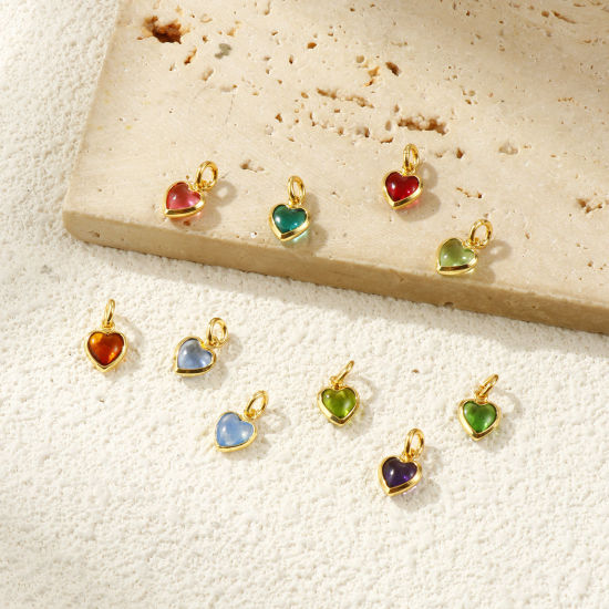 Изображение 2 PCs Eco-friendly Brass & Glass Valentine's Day Charms 18K Real Gold Plated Heart Mini 12mm x 7mm