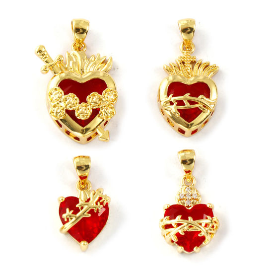 Image de 1 Piece Eco-friendly Brass Religious Charm Pendant 18K Real Gold Plated Ex Voto Heart Red Cubic Zirconia