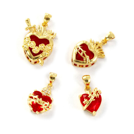 Image de 1 Piece Eco-friendly Brass Religious Charm Pendant 18K Real Gold Plated Ex Voto Heart Red Cubic Zirconia
