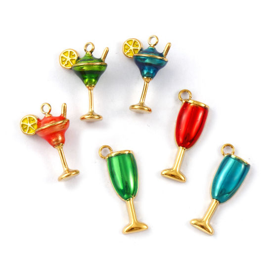 Picture of 1 Piece Eco-friendly PVD Vacuum Plating 304 Stainless Steel Charms 18K Real Gold Plated Enamel Wine Glass