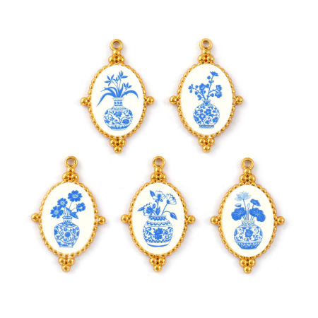 Image de 2 Pcs Pendentifs en 304 Acier Inoxydable Revêtement sous Vide PVD Respectueux de l'Environnement Plaqué Or Véritable 18K Bleu Ovale Fleurs Imprimé 3.2cm x 2.1cm