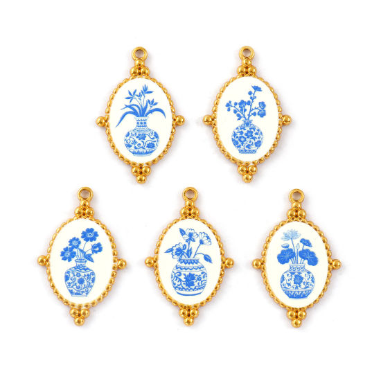 2 PCs Eco-friendly PVD Vacuum Plating 304 Stainless Steel Pendants 18K Real Gold Plated Blue Oval Flower Printed 3.2cm x 2.1cm の画像