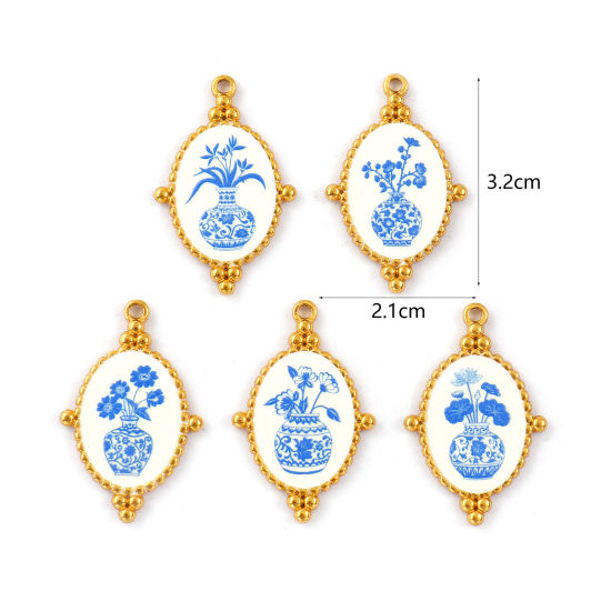 2 PCs Eco-friendly PVD Vacuum Plating 304 Stainless Steel Pendants 18K Real Gold Plated Blue Oval Flower Printed 3.2cm x 2.1cm の画像