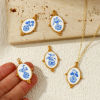 Picture of 2 PCs Eco-friendly PVD Vacuum Plating 304 Stainless Steel Pendants 18K Real Gold Plated Blue Oval Flower Printed 3.2cm x 2.1cm