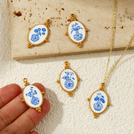 2 PCs Eco-friendly PVD Vacuum Plating 304 Stainless Steel Pendants 18K Real Gold Plated Blue Oval Flower Printed 3.2cm x 2.1cm の画像
