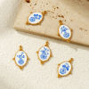 Picture of 2 PCs Eco-friendly PVD Vacuum Plating 304 Stainless Steel Pendants 18K Real Gold Plated Blue Oval Flower Printed 3.2cm x 2.1cm