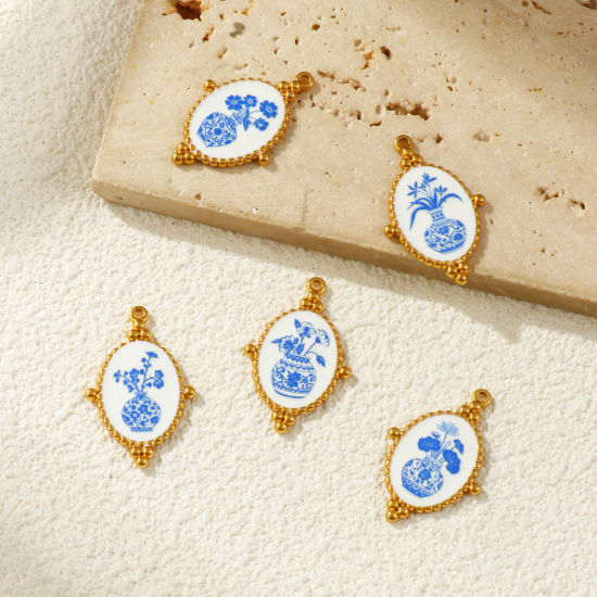 2 PCs Eco-friendly PVD Vacuum Plating 304 Stainless Steel Pendants 18K Real Gold Plated Blue Oval Flower Printed 3.2cm x 2.1cm の画像