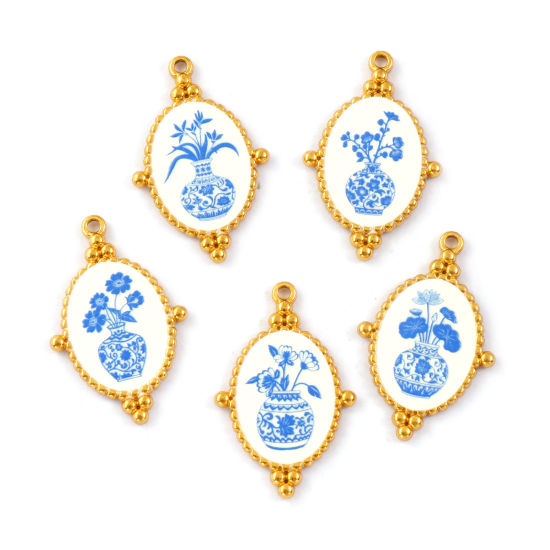 2 PCs Eco-friendly PVD Vacuum Plating 304 Stainless Steel Pendants 18K Real Gold Plated Blue Oval Flower Printed 3.2cm x 2.1cm の画像