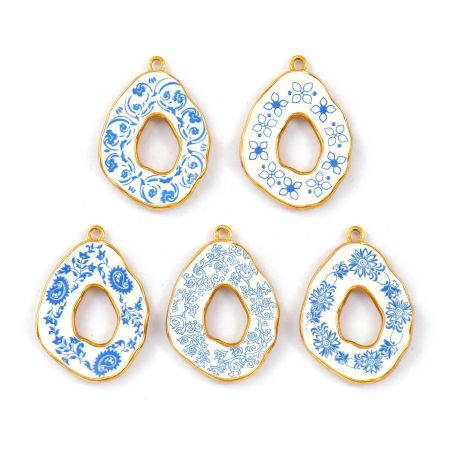Eco-friendly PVD Vacuum Plating 304 Stainless Steel Pendants 18K Real Gold Plated Blue Drop Flower Printed 3.5cm x 2.5cm