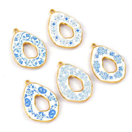 Изображение 2 PCs Eco-friendly PVD Vacuum Plating 304 Stainless Steel Pendants 18K Real Gold Plated Blue Drop Flower Printed 3.5cm x 2.5cm