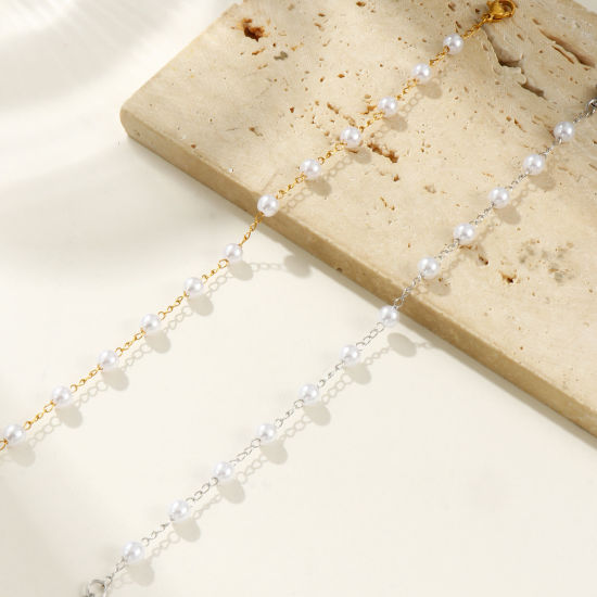 Picture of 1 Piece Eco-friendly Dainty Exquisite Multicolor White 304 Stainless Steel & Acrylic Beaded Chain Bracelets For Women Gift 18cm(7.1") long