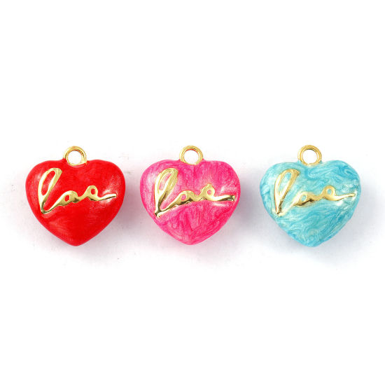 Immagine di 2 PCs Eco-friendly Brass Valentine's Day Charms 18K Real Gold Plated Enamel Heart Message " LOVE " Pearlized 21mm x 21mm