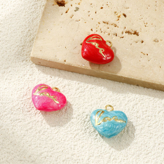 Immagine di 2 PCs Eco-friendly Brass Valentine's Day Charms 18K Real Gold Plated Enamel Heart Message " LOVE " Pearlized 21mm x 21mm