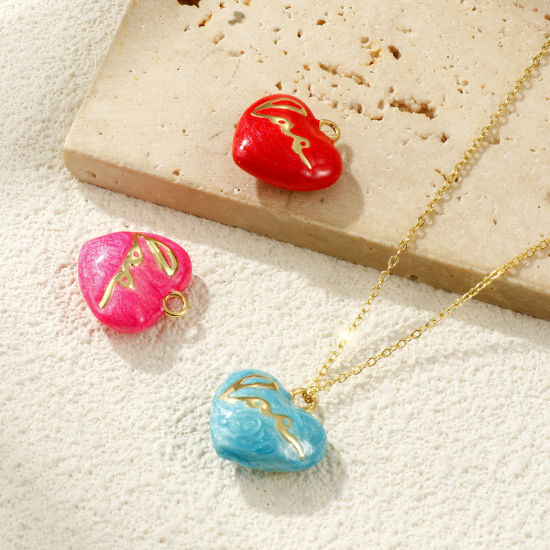Immagine di 2 PCs Eco-friendly Brass Valentine's Day Charms 18K Real Gold Plated Enamel Heart Message " LOVE " Pearlized 21mm x 21mm