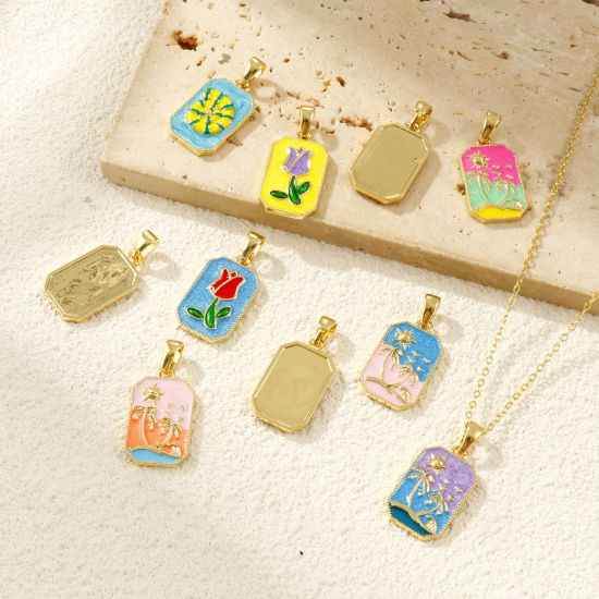 Image de 2 PCs Eco-friendly Brass Pendants 18K Real Gold Plated Enamel Octagon 3cm x 1.4cm