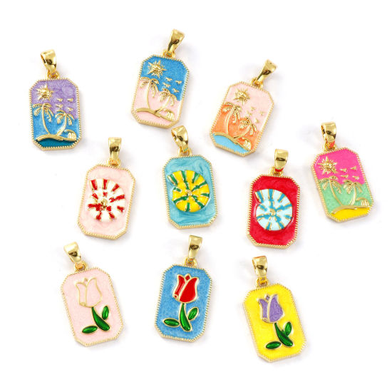 Image de 2 PCs Eco-friendly Brass Pendants 18K Real Gold Plated Enamel Octagon 3cm x 1.4cm