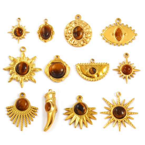 Изображение 2 PCs Eco-friendly PVD Vacuum Plating 304 Stainless Steel & Gemstone Pendants 18K Real Gold Plated Brown