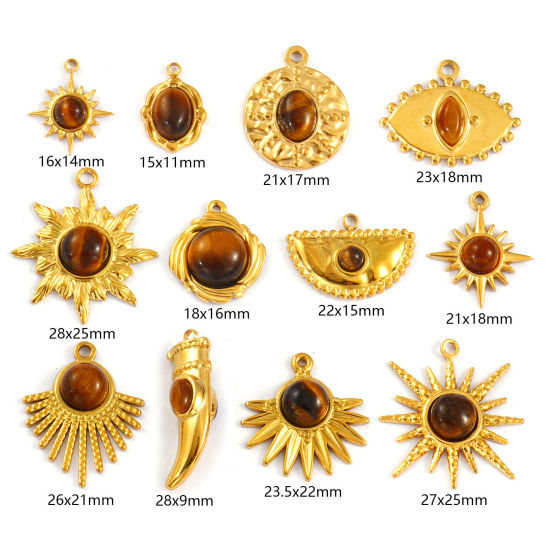 Изображение 2 PCs Eco-friendly PVD Vacuum Plating 304 Stainless Steel & Gemstone Pendants 18K Real Gold Plated Brown