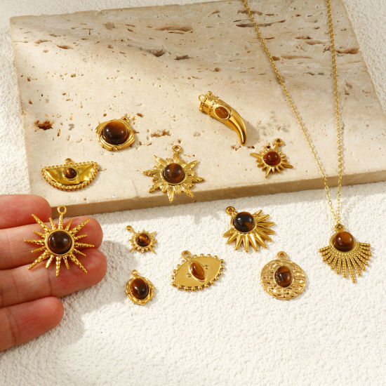 Изображение 2 PCs Eco-friendly PVD Vacuum Plating 304 Stainless Steel & Gemstone Pendants 18K Real Gold Plated Brown