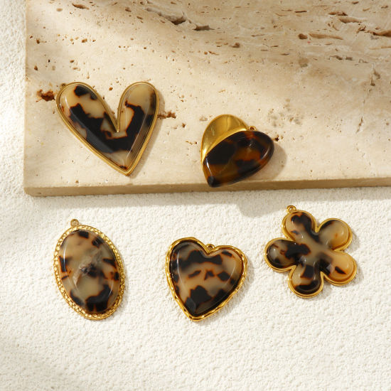 Image de 1 Piece Eco-friendly PVD Vacuum Plating 304 Stainless Steel & Resin Pendants 18K Real Gold Plated Coffee Leopard Print