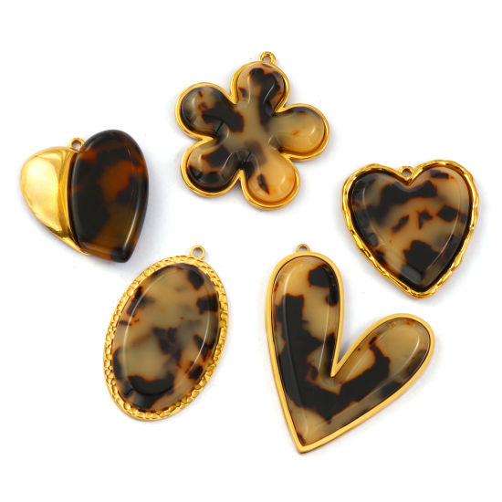 Image de 1 Piece Eco-friendly PVD Vacuum Plating 304 Stainless Steel & Resin Pendants 18K Real Gold Plated Coffee Leopard Print