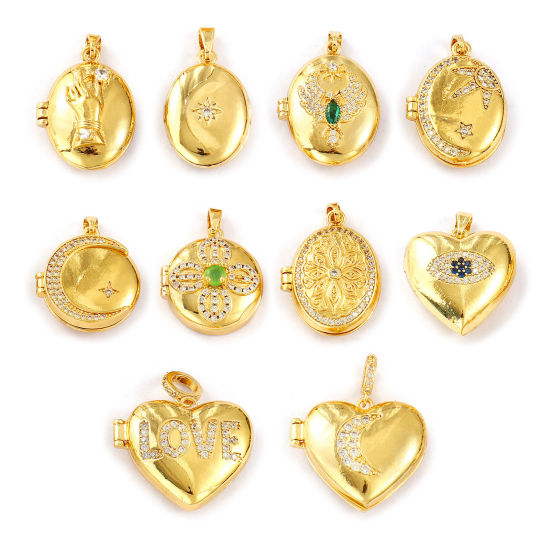 Image de 2 PCs Brass Picture Photo Locket Frame Pendants 18K Gold Plated Can Open Clear Cubic Zirconia