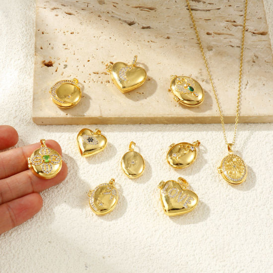 Image de 2 PCs Brass Picture Photo Locket Frame Pendants 18K Gold Plated Can Open Clear Cubic Zirconia