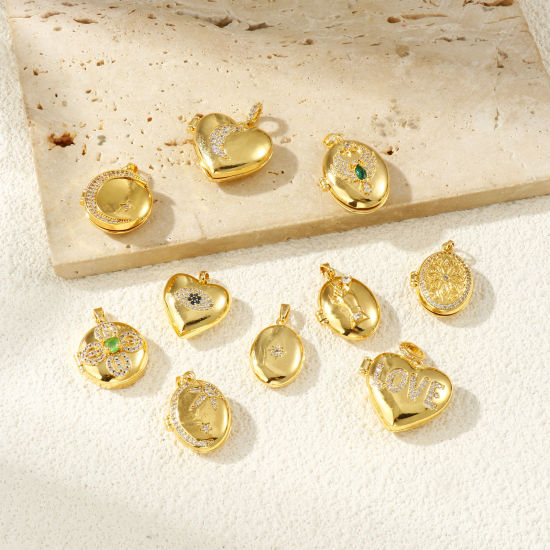 Image de 2 PCs Brass Picture Photo Locket Frame Pendants 18K Gold Plated Can Open Clear Cubic Zirconia