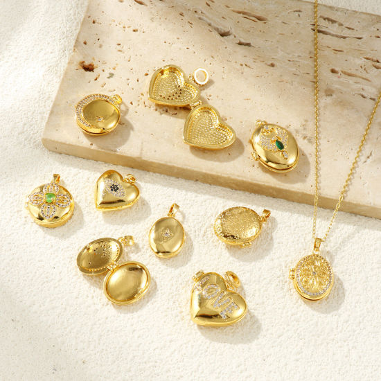 Image de 2 PCs Brass Picture Photo Locket Frame Pendants 18K Gold Plated Can Open Clear Cubic Zirconia