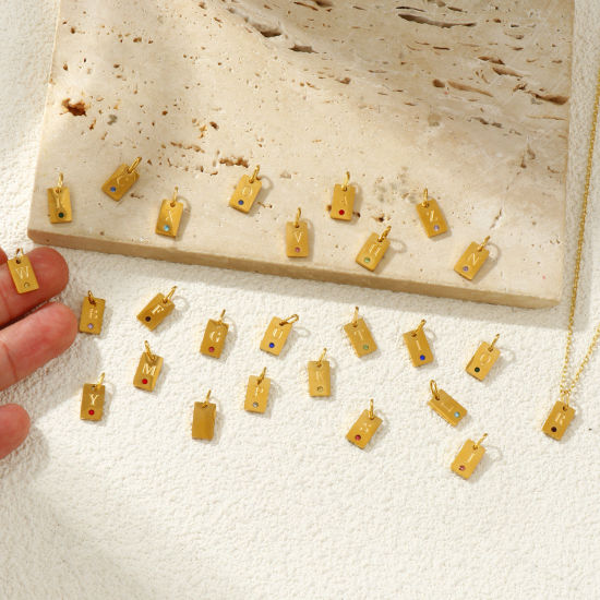Picture of Eco-friendly PVD Vacuum Plating 304 Stainless Steel Capital Alphabet Initial Letter Name Charms 18K Real Gold Plated Rectangle Message " A-Z " Mini 14mm x 6mm