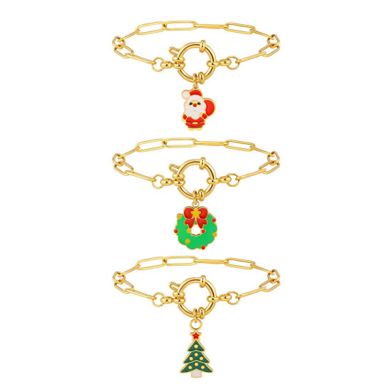 Immagine di 1 Piece Eco-friendly Stylish Exquisite 18K Gold Plated 201 Stainless Steel Link Cable Chain Christmas Enamel Charm Bracelets For Women Gift 18cm(7.1") long
