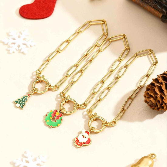 Immagine di 1 Piece Eco-friendly Stylish Exquisite 18K Gold Plated 201 Stainless Steel Link Cable Chain Christmas Enamel Charm Bracelets For Women Gift 18cm(7.1") long